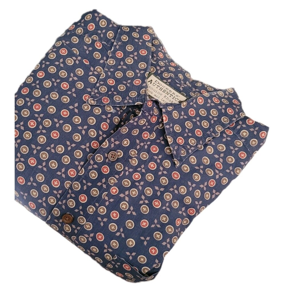 Dockers Shirt Mens L Blue Red Geometric AOP Button Up Long Sleeve Shirt